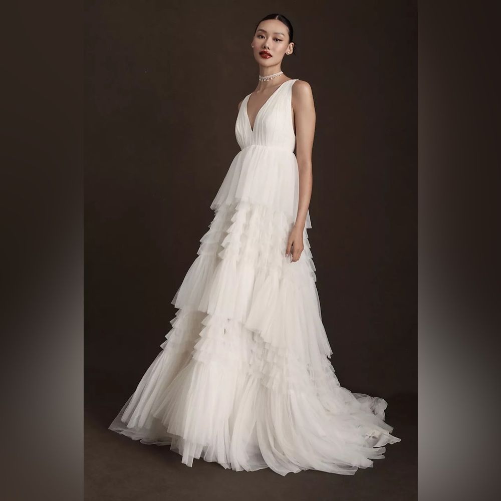 BHLDN Tinka Tiered V-Neck Tulle Wedding Gown